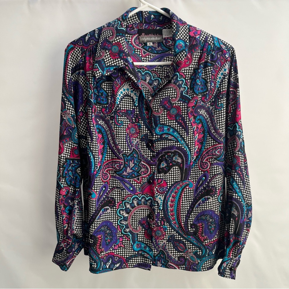 Lady Manhattan - 80s / 90s Vintage Blouse - Size 8 Pink Purple Teal Houndstooth